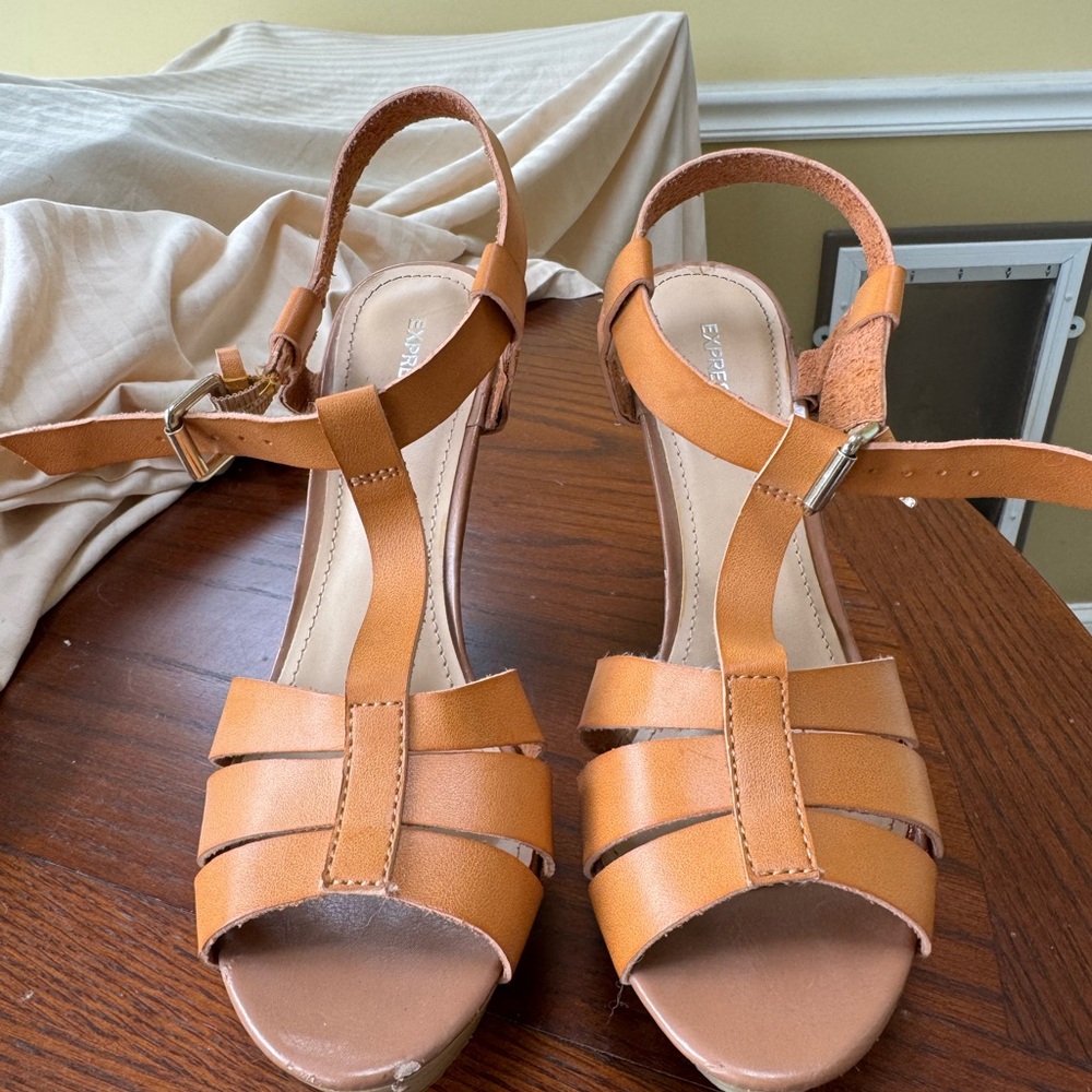 Camel Wedge Strappy Heel Sandals